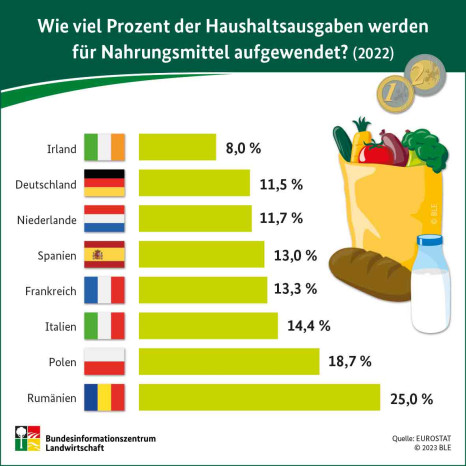 Wie viel Prozent der Haushaltsausgaben werden für Nahrungsmittel aufgewendet? (2022)